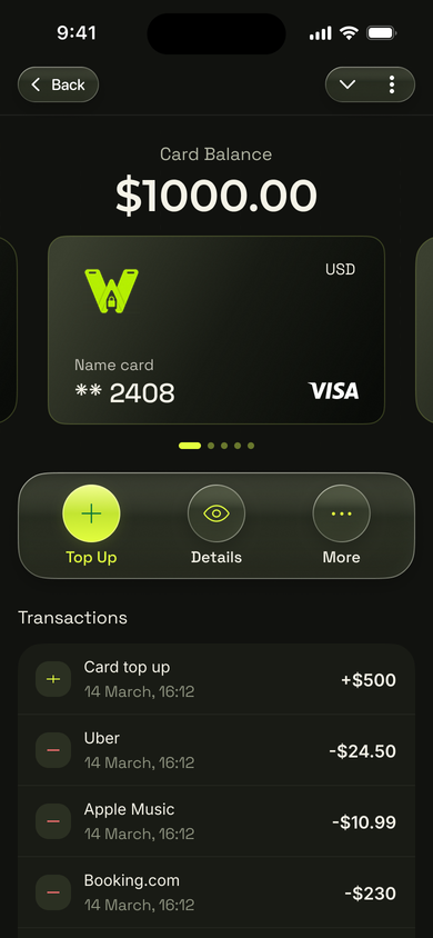 Approved Card / Info screen with a $1000.00 balance, card ending 2408, and example top-up, Uber, Apple Music and Booking.com transactions