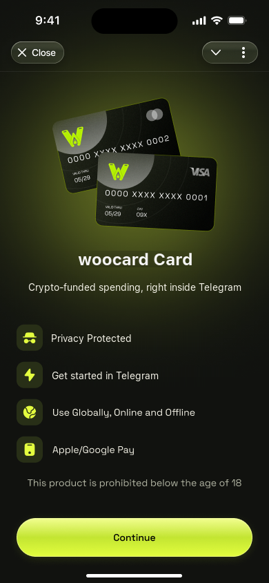 woocard Card onboarding screen with overlapping cards, benefits, an age note and Continue