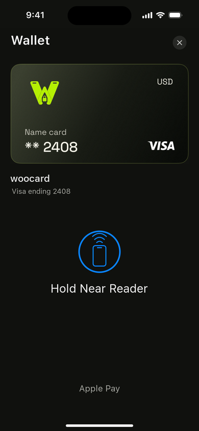 Illustrative Apple Wallet payment-ready view with the woocard Visa card ending 2408 and Hold Near Reader